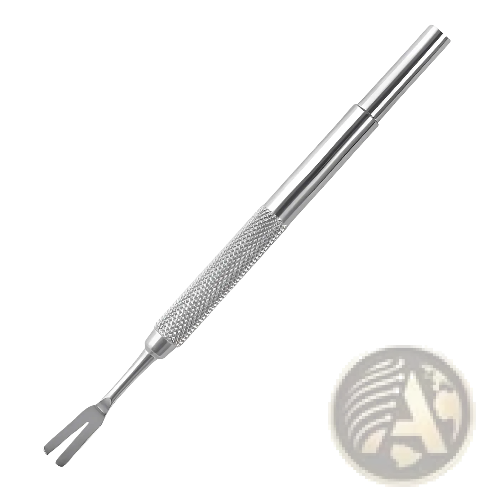 Professional stainless steel tick remover tool in silver tone with textured grip and forked tip for safe tick extraction