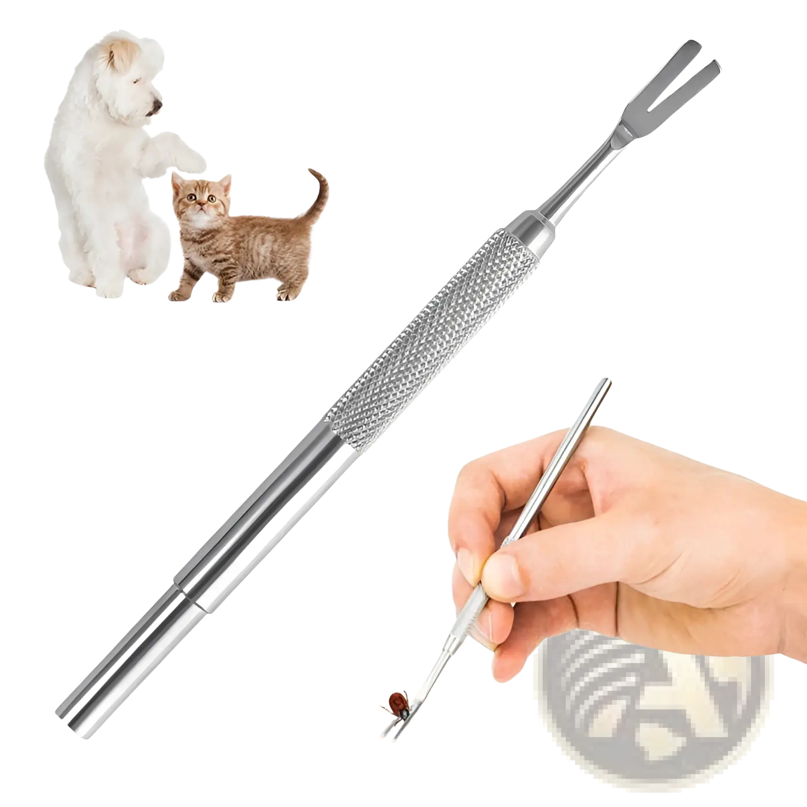 Professional stainless steel tick remover tool with silver metal dual-pronged tip and textured grip for effective removal