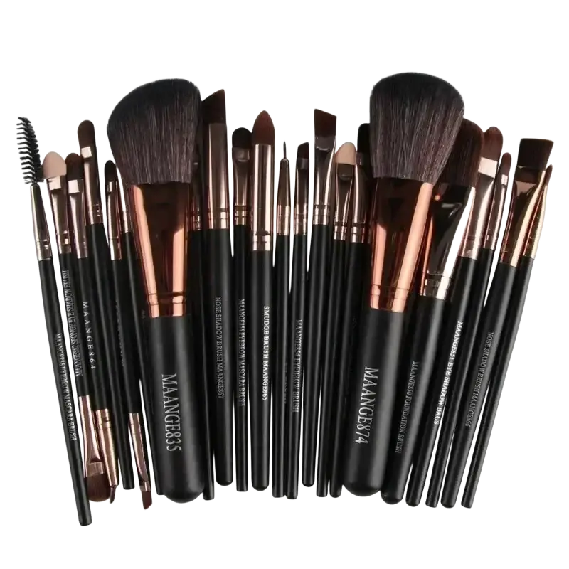 Set of 23 high quality synthetic hair brush set with black handles and rose gold branded accents for professional makeup