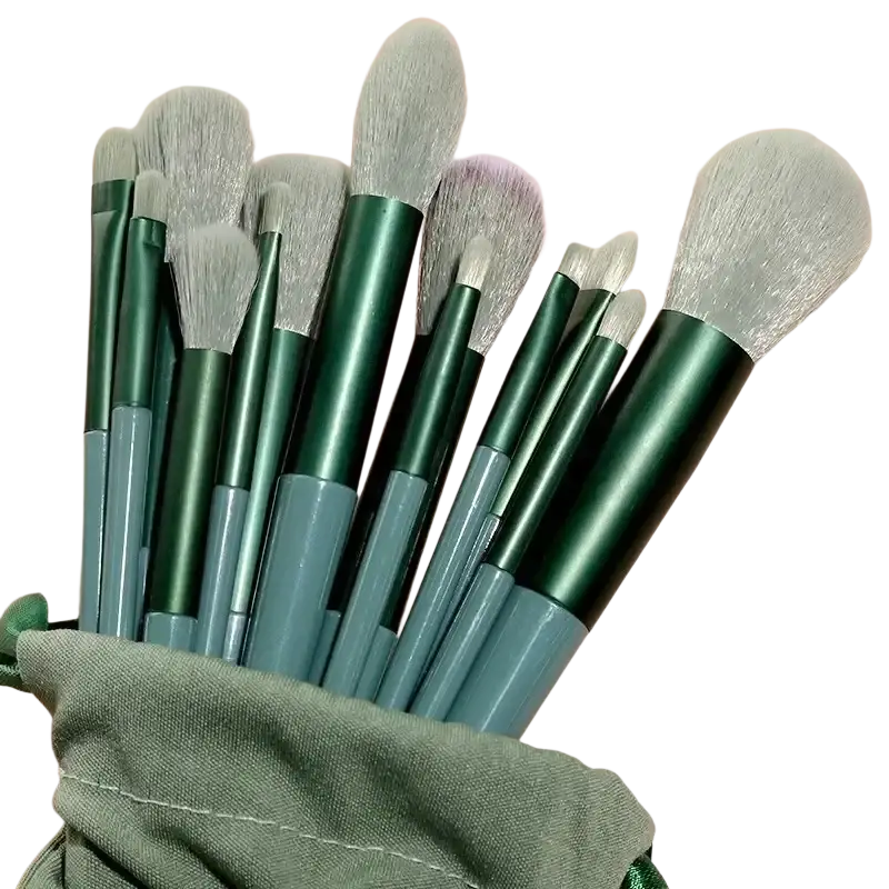 Professional synthetic hair makeup brush set with dark green and gray handles featuring soft bristles in various shapes