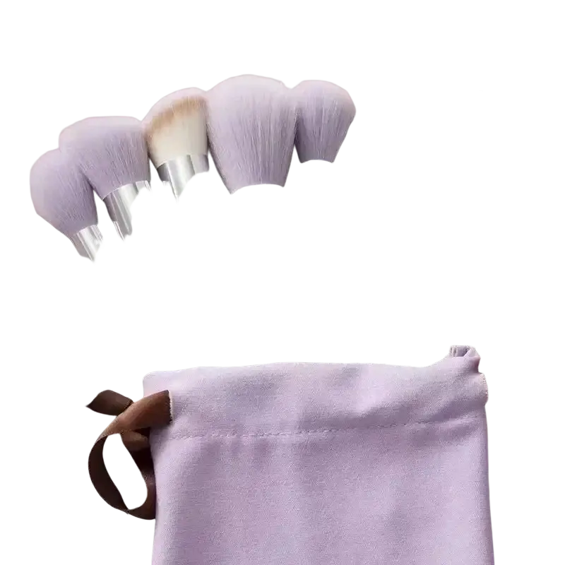 Professional synthetic hair brush set with lavender-tipped bristles and silver gray handles in matching lavender pouch