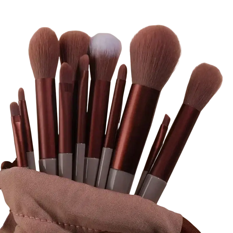 Professional synthetic hair brush set with ten high quality makeup brushes featuring rose gold handles and soft bristles