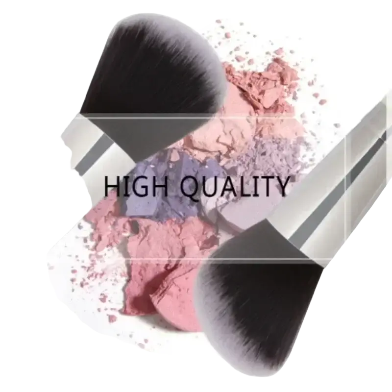 Professional synthetic hair brush set with two silver handled brushes over crushed pink and purple powder