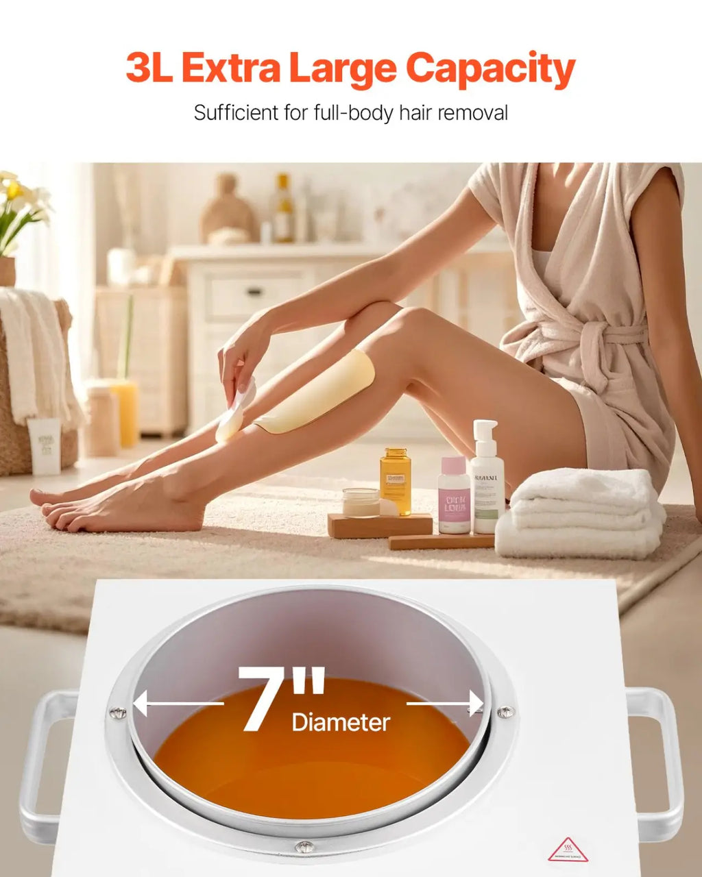 White electric wax melting pot with 7-inch diameter and orange wax for full-body hair removal heater 3000ml capacity