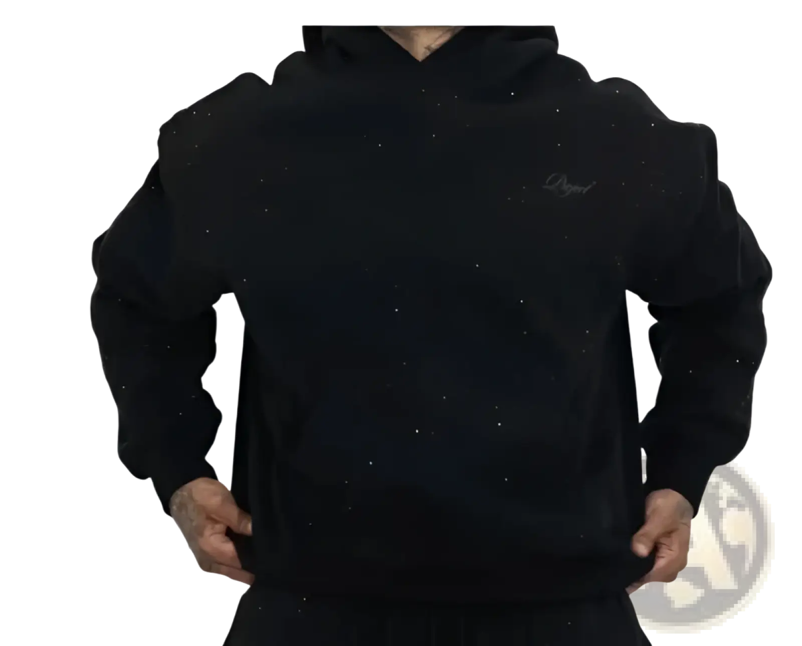 Black project starry streetwear loose fit hoodie with subtle glittery speckles and small embroidered chest logo
