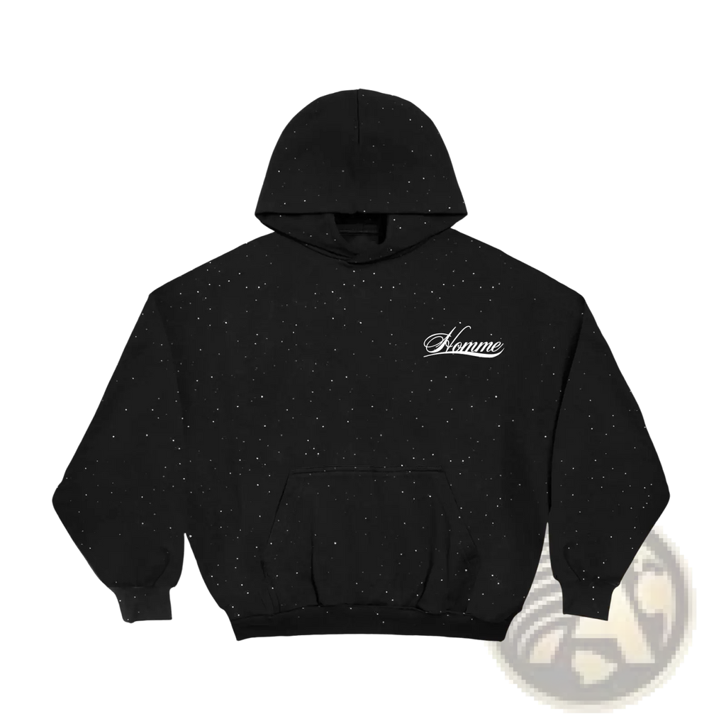 Black speckled loose fit Project Starry Streetwear hoodie with white cursive homme logo on chest for casual fashion use