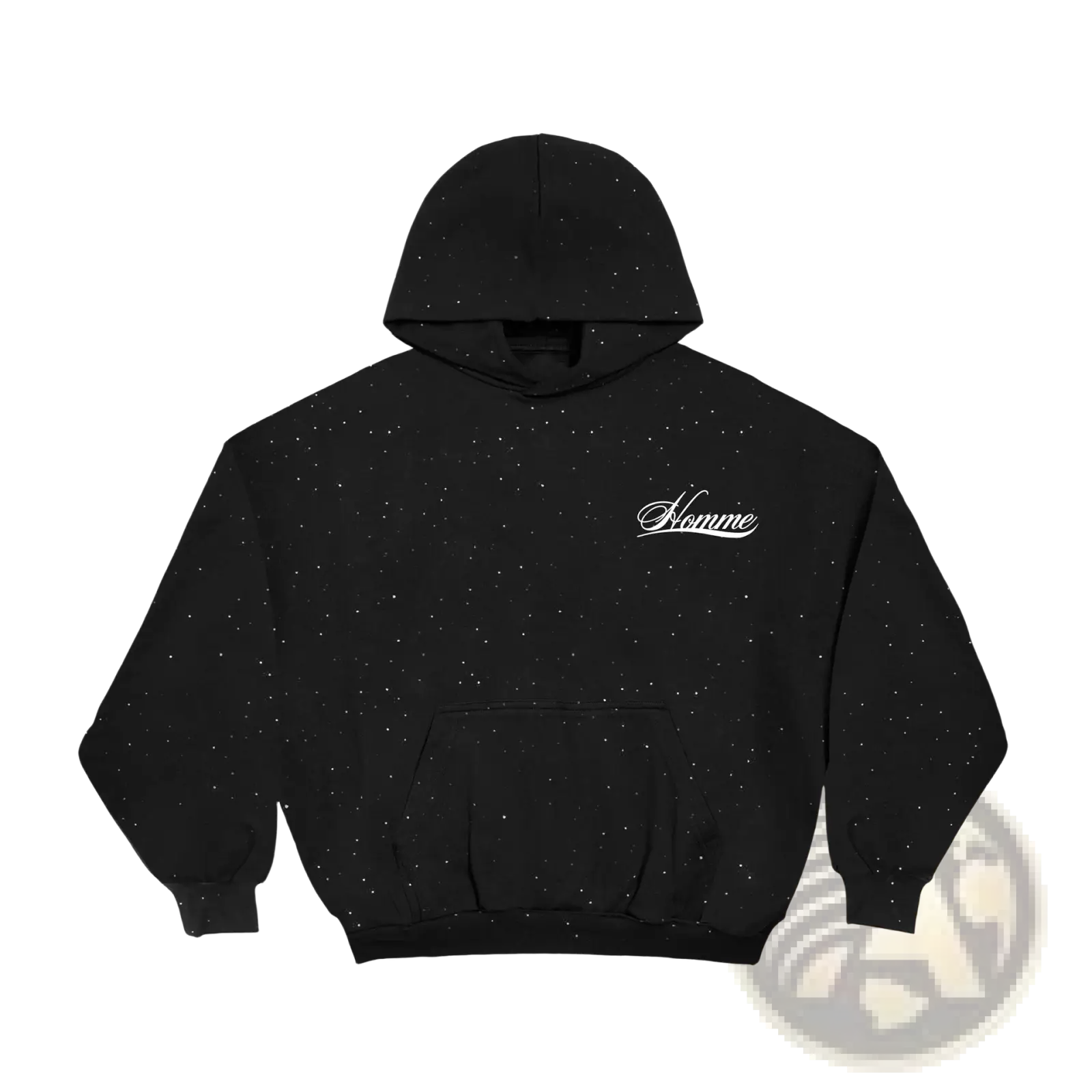 Black speckled loose fit Project Starry Streetwear hoodie with white cursive homme logo on chest for casual fashion use