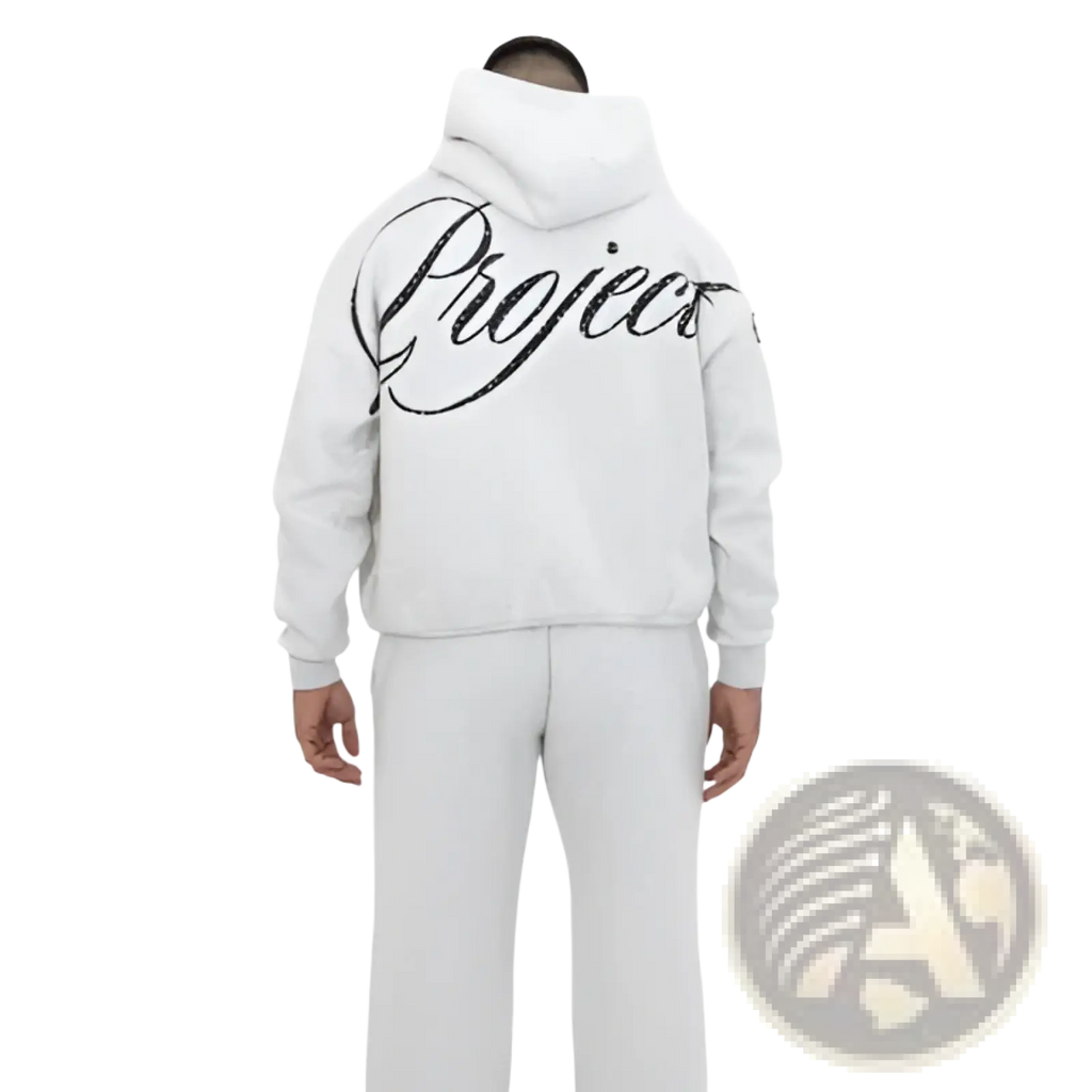 White loose fit fashion hoodie with black cursive project lettering on the back from project starry streetwear