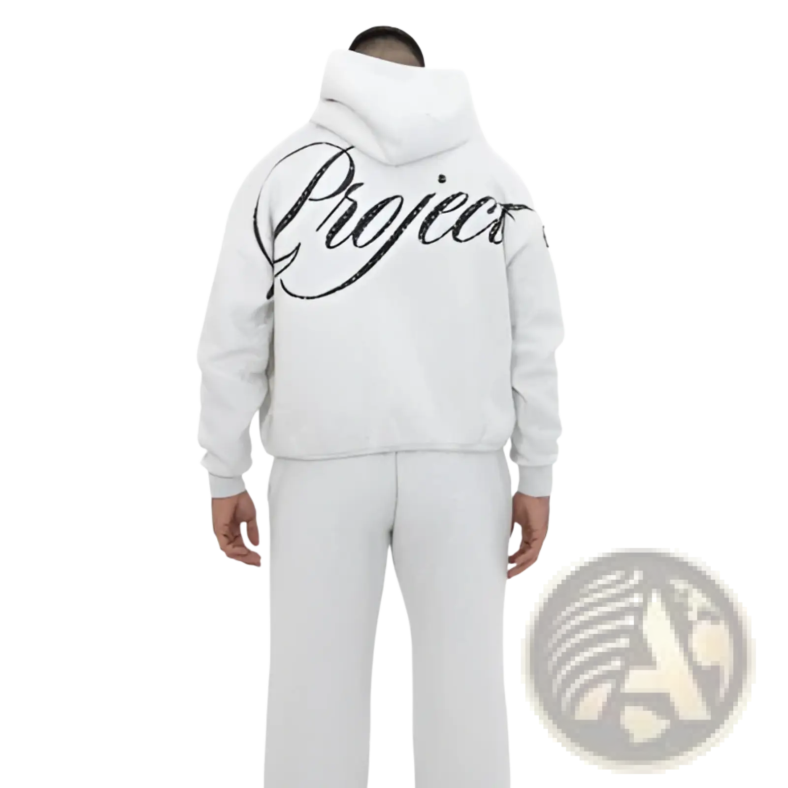 White loose fit fashion hoodie with black cursive project lettering on the back from project starry streetwear