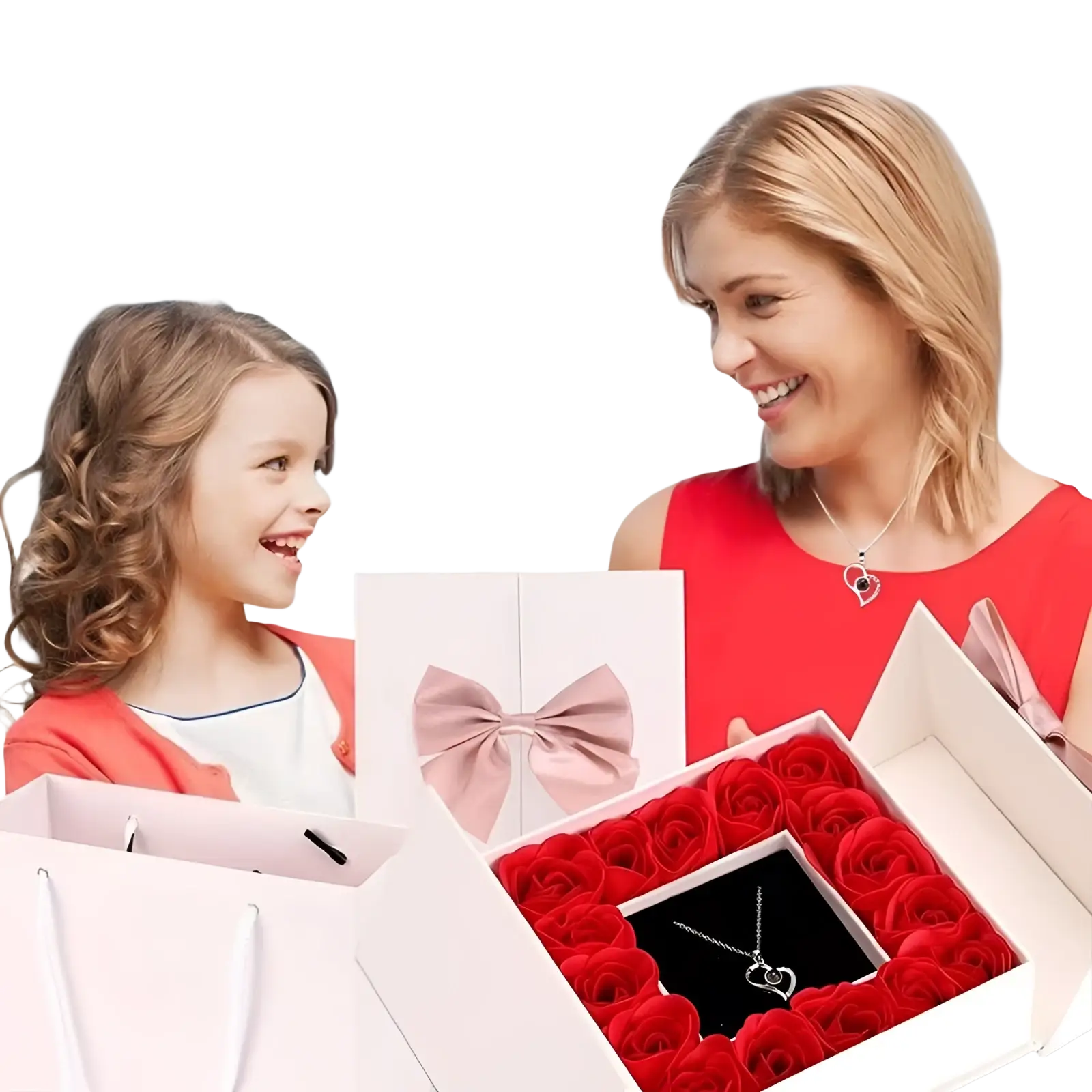 Projection heart necklace in silver with a delicate pendant in a black velvet box and red artificial roses gift set