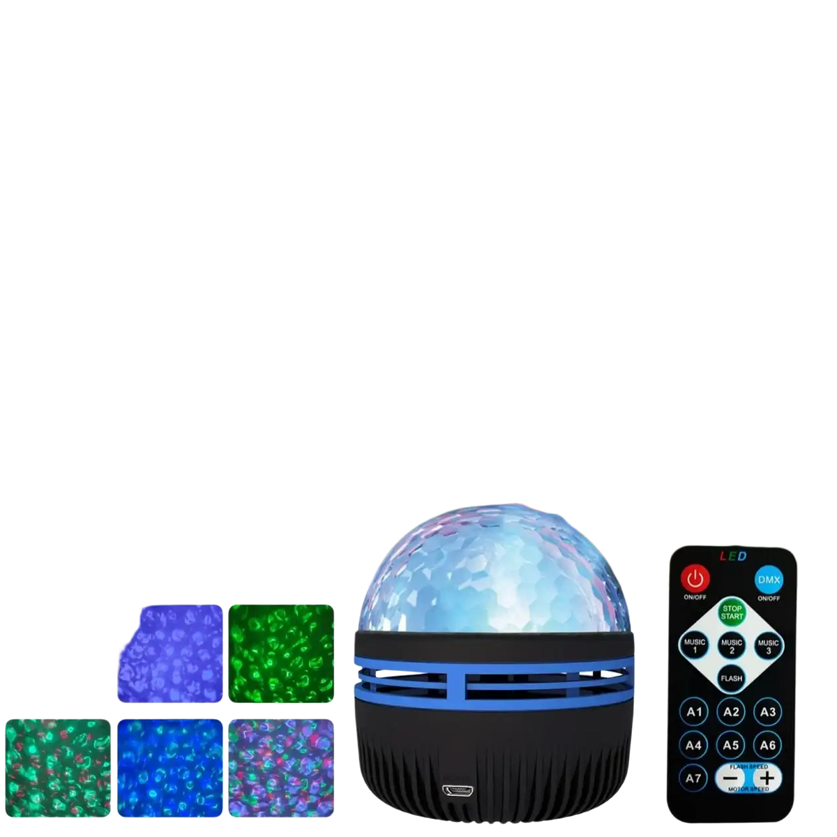 A sleek black and blue rgb projection lamp with faceted crystal dome led night light with remote control for parties