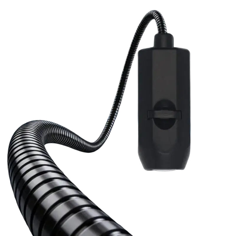 Black flexible metal hose with rectangular black control unit attached for projection lamp night light use