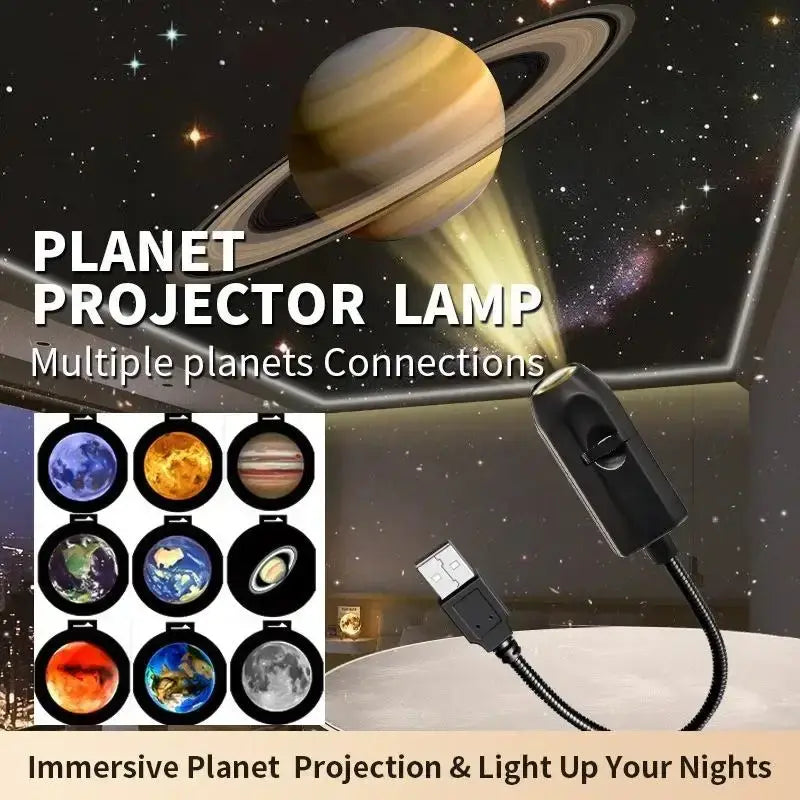 Black usb-powered projection lamp with flexible cord projecting saturn and planets on lamp sheet surfaces