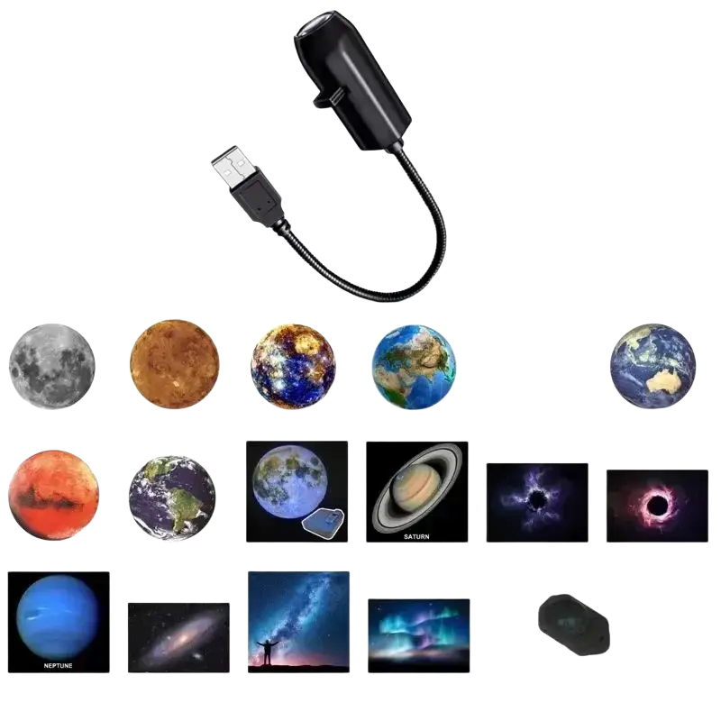 Black usb-powered projection lamp with flexible cable and 16 celestial image decals for moon earth galaxy star light