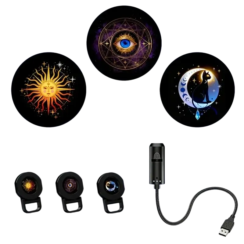 Black usb-powered projection light with flexible cord casting mystical patterns for atmosphere light tarot use