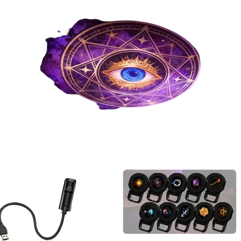 Black usb-powered projection light tarot with flexible cable designed to cast mystical eye pentagram patterns atmosphere light tarot cards