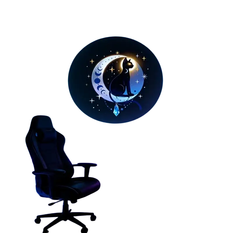A circular wall decal for projection light atmosphere light tarot featuring a black cat silhouette on a moon with stars and a blue gem