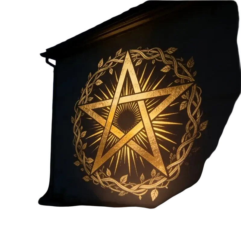 A glowing golden pentagram with sunburst and leafy wreath projection light for atmosphere light tarot cards at night