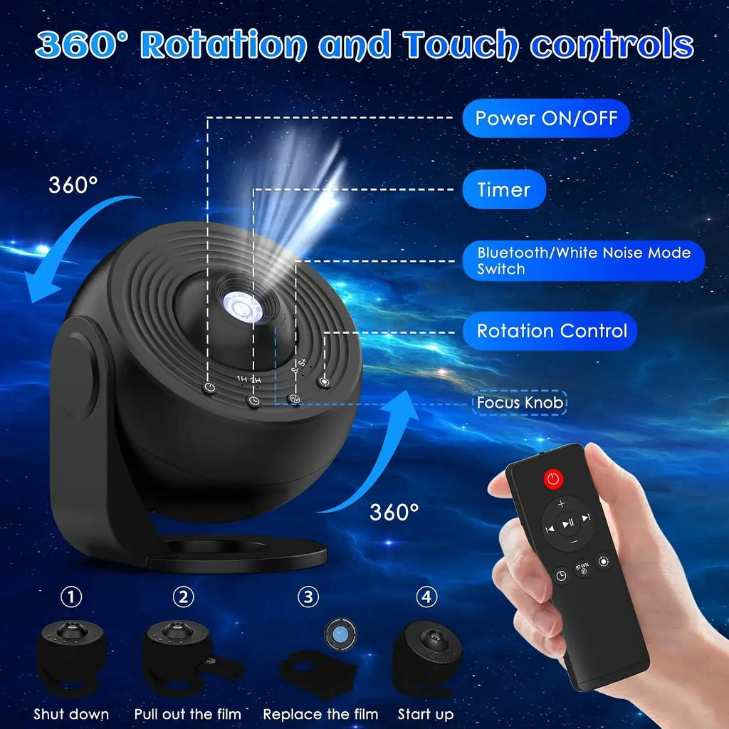 Black projector pro 25 in 1 galaxy star night light with 360-degree rotation touch controls and remote