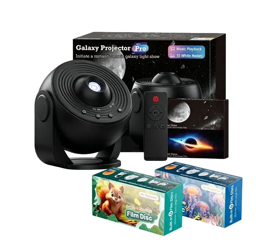 Black projector pro galaxy star night light with sleek rounded design and circular lens for ambient room lighting