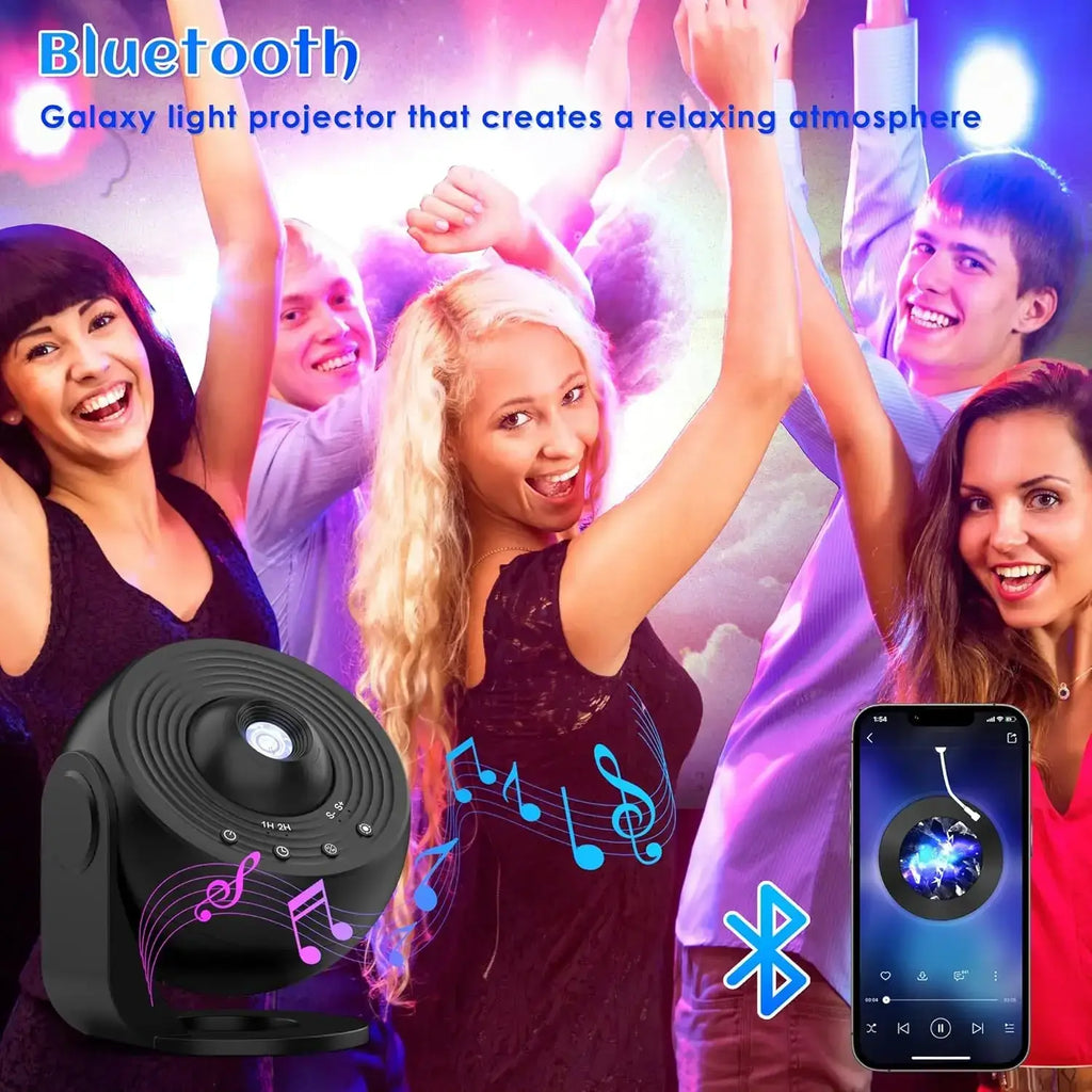 Black Bluetooth galaxy light projector pro with sleek circular design and side control buttons for star night lighting