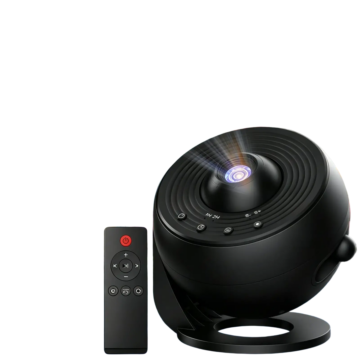 Projector pro 25 in 1 galaxy star night light is a black glossy spherical projector with multiple buttons projecting vibrant underwater scenes