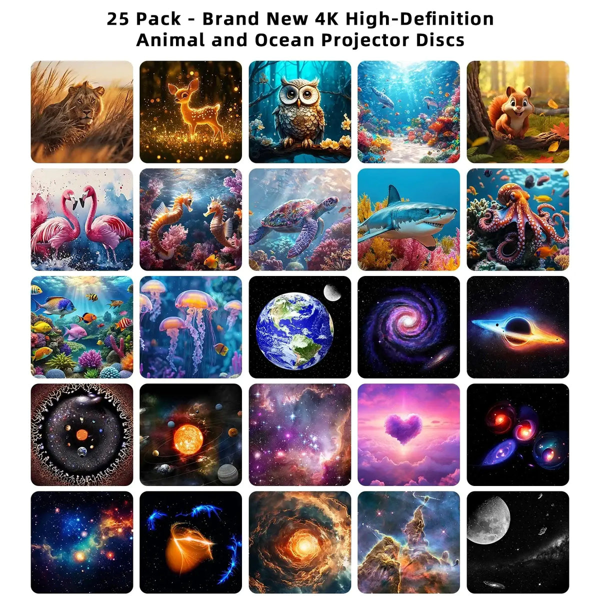 Set of 25 vibrant 4k high-definition animal and ocean discs for projector pro 25 in 1 galaxy star night light
