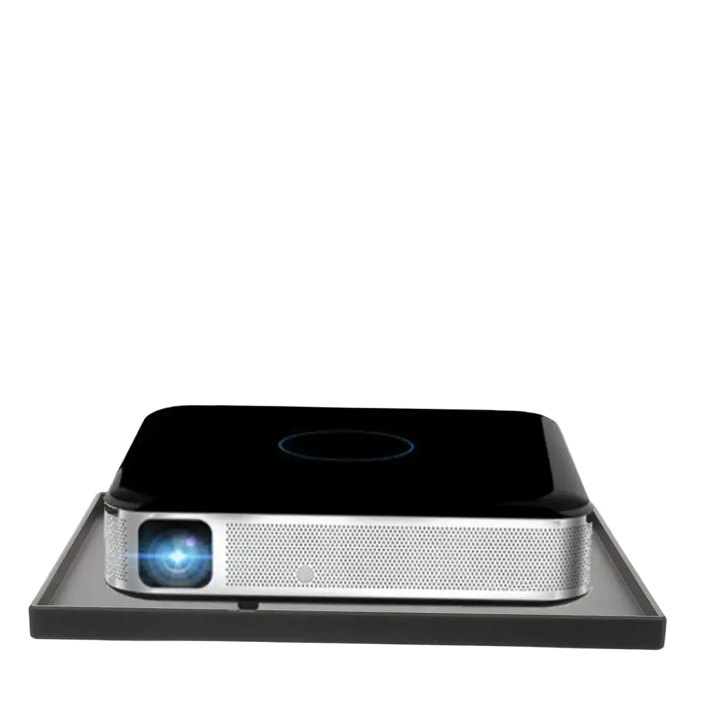Black matte projector stand tray with central circular indentation and 1/4 thread adapter for secure placement