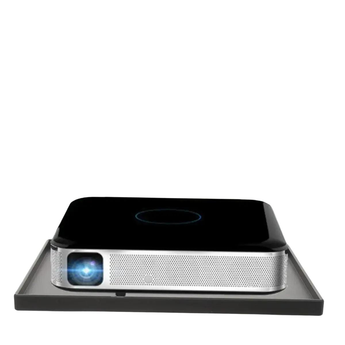Black matte projector stand tray with central circular indentation and 1/4 thread adapter for secure placement