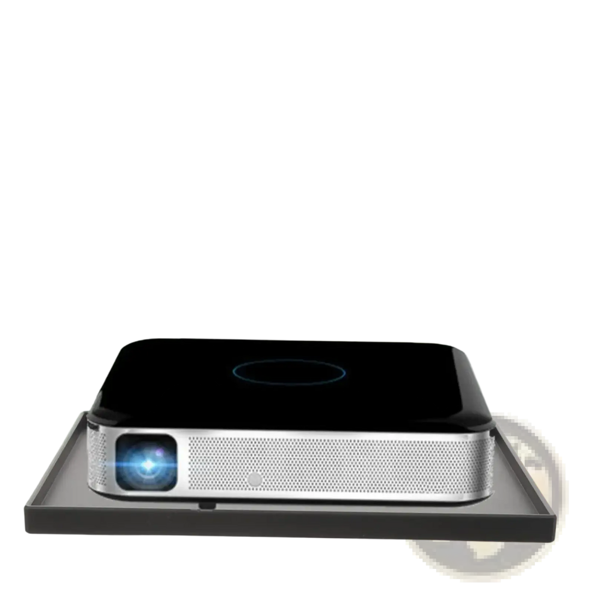 Black matte projector stand tray with central circular indentation and 1/4 thread adapter for secure placement