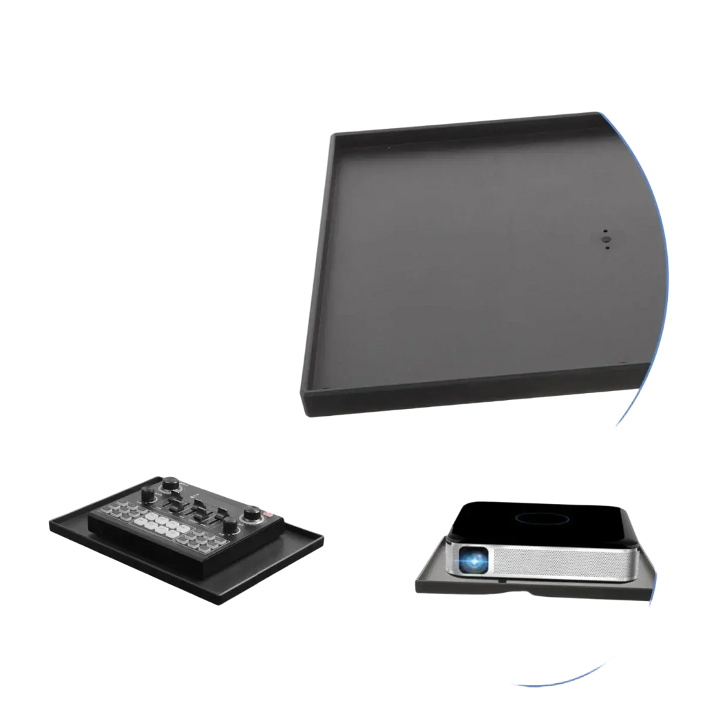 Black plastic projector stand tray with raised edges and central 1/4 thread hole for secure device mounting