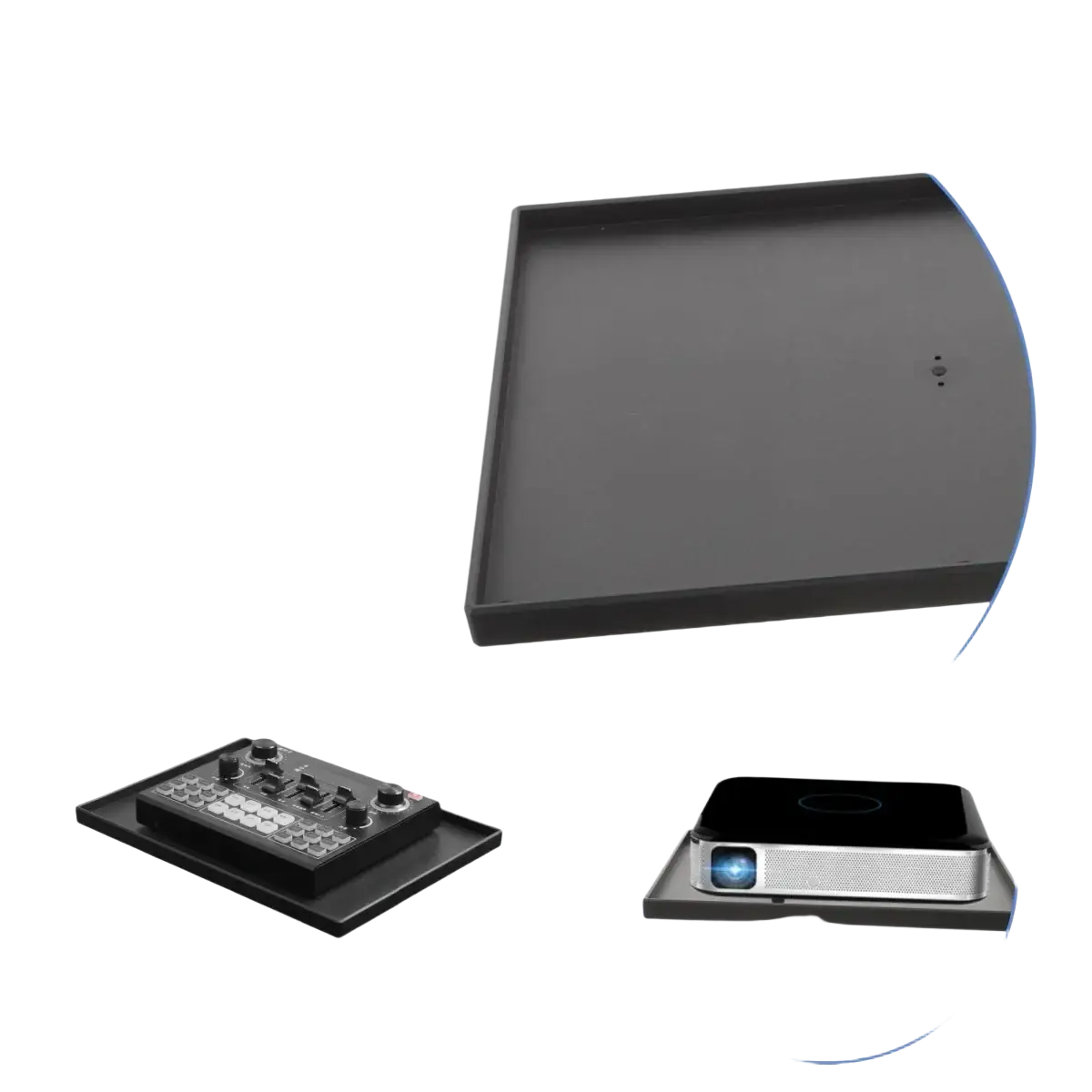 Black plastic projector stand tray with raised edges and central 1/4 thread hole for secure device mounting