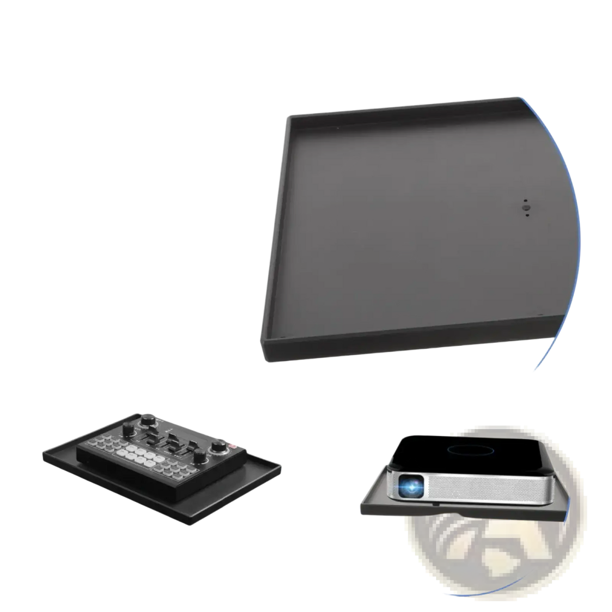 Black plastic projector stand tray with raised edges and central 1/4 thread hole for secure device mounting