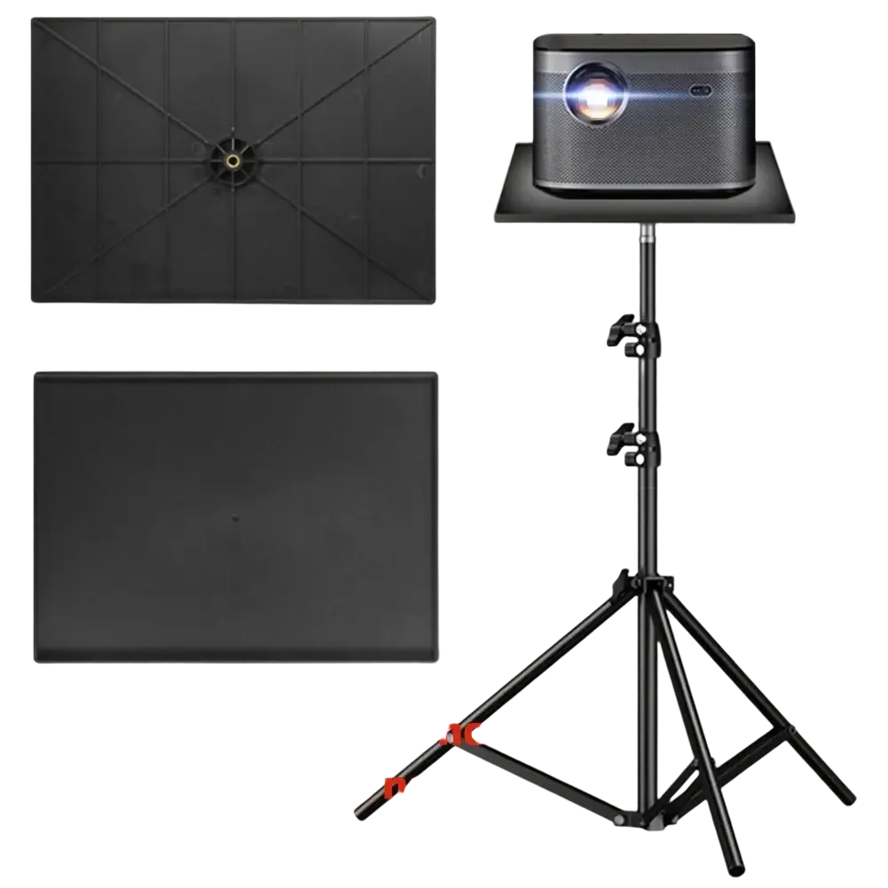 Black tripod projector stand tray with adjustable height flat platform and 1/4 thread adapter for mounting projectors