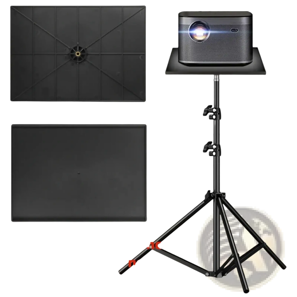 Black tripod projector stand tray with adjustable height flat platform and 1/4 thread adapter for mounting projectors