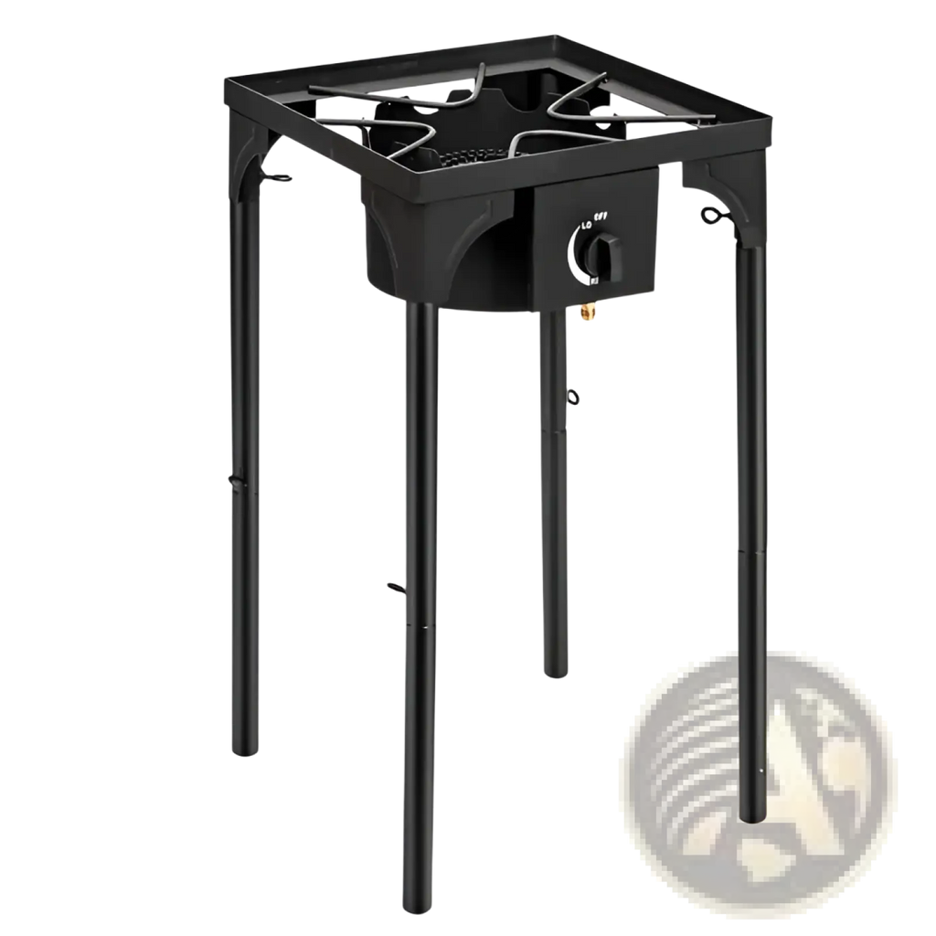 Black portable propane camp stove with 75000 Btu single cast iron burner and adjustable legs for outdoor use