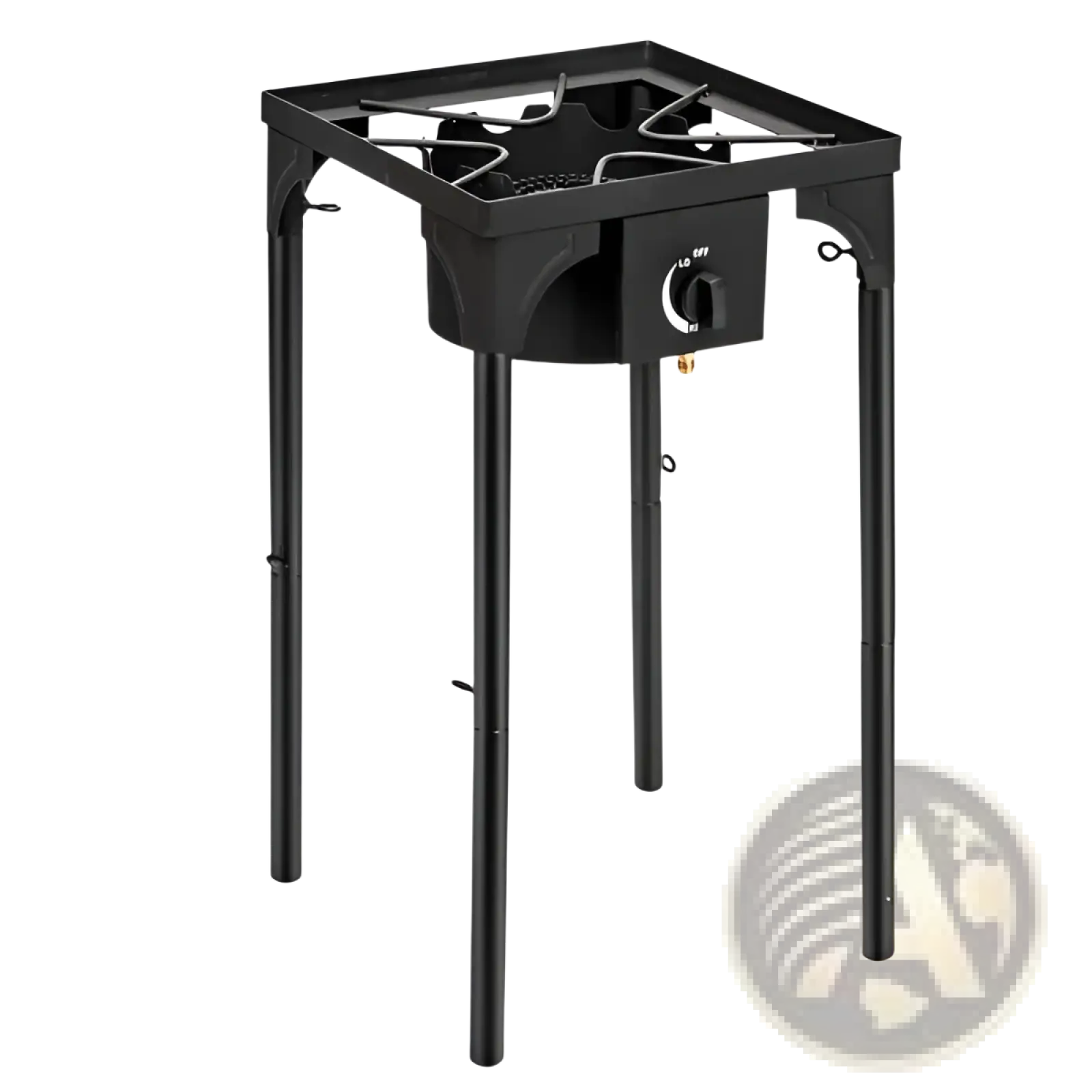 Black portable propane camp stove with 75000 Btu single cast iron burner and adjustable legs for outdoor use