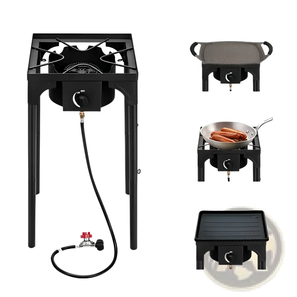 Black portable propane camp stove 75000 btu single burner cast iron with adjustable flame and flexible hose connected