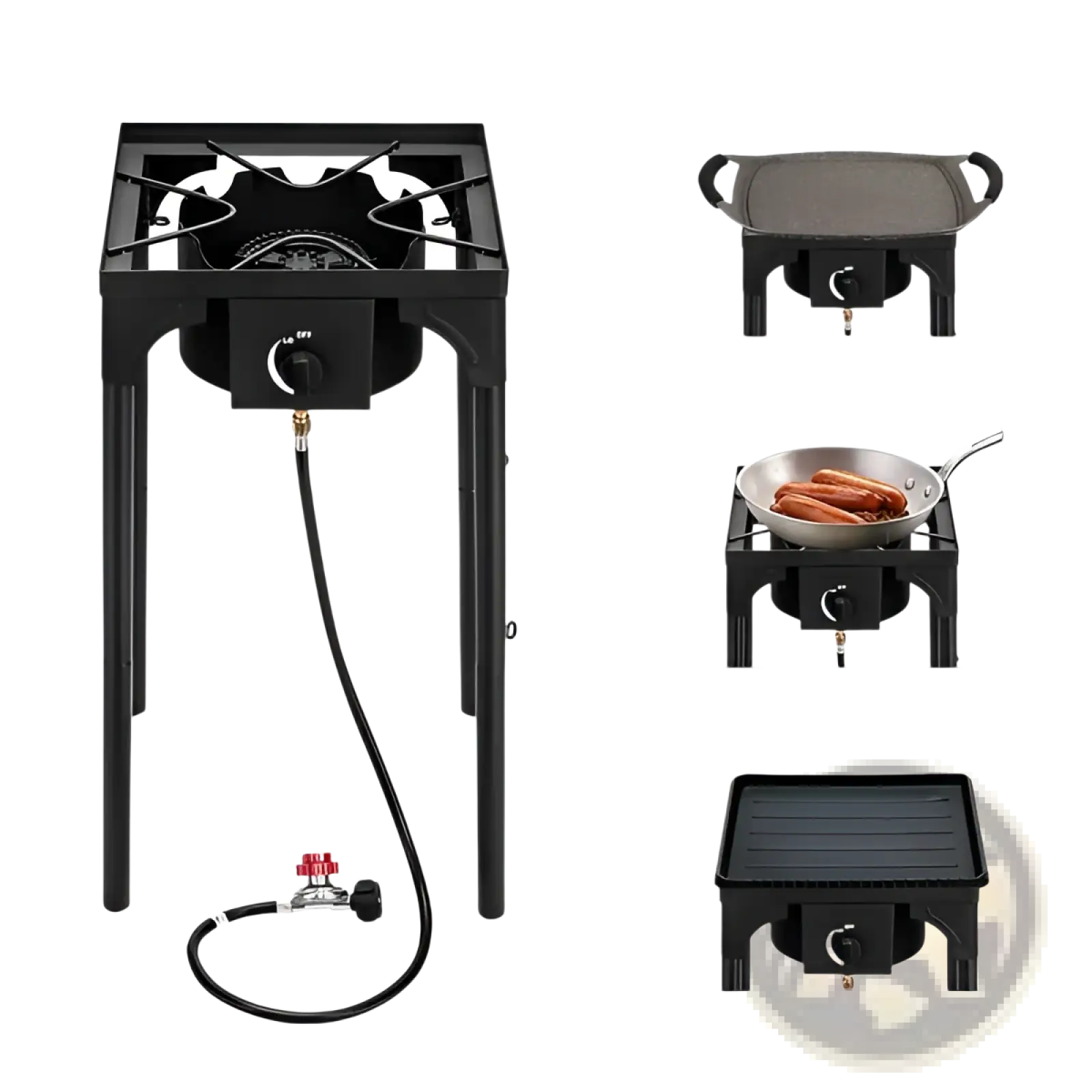 Black portable propane camp stove 75000 btu single burner cast iron with adjustable flame and flexible hose connected