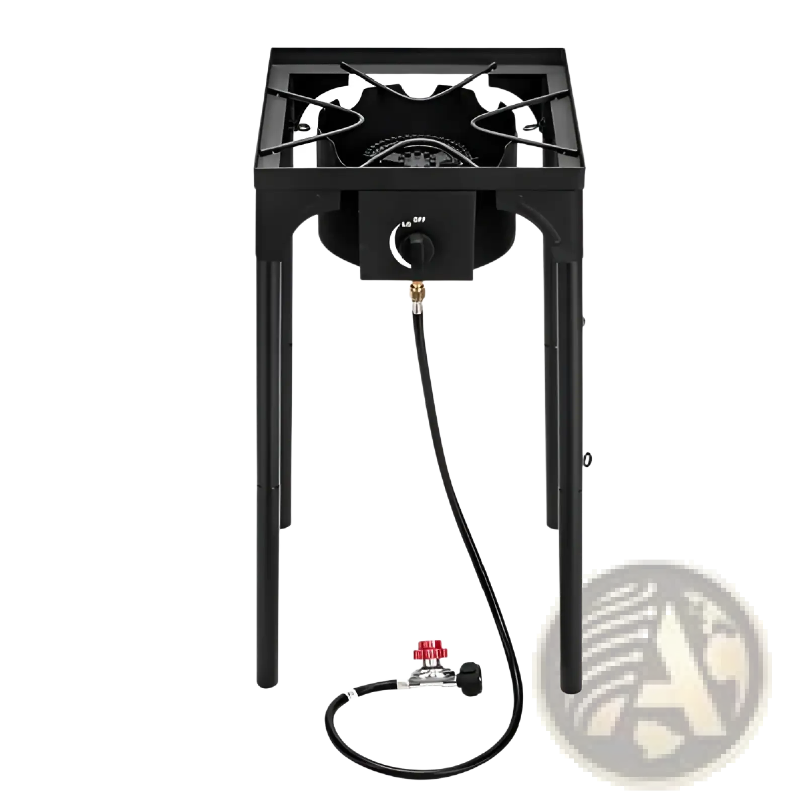 Black propane camp stove 75000 btu single burner cast iron with square burner four legs fuel line and regulator attached