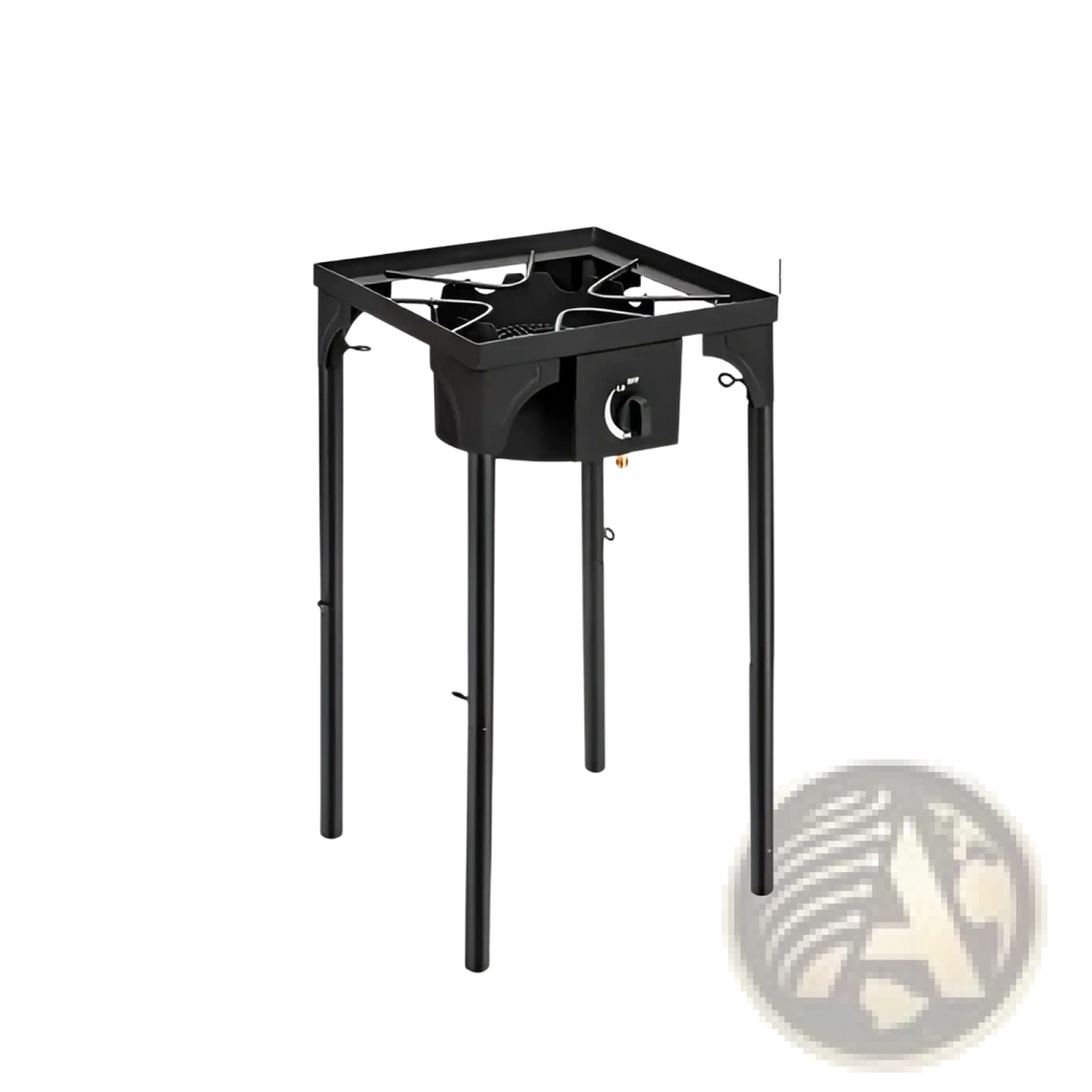 Black propane camp stove with 75000 btu cast iron burner and control knob on four legs for outdoor use