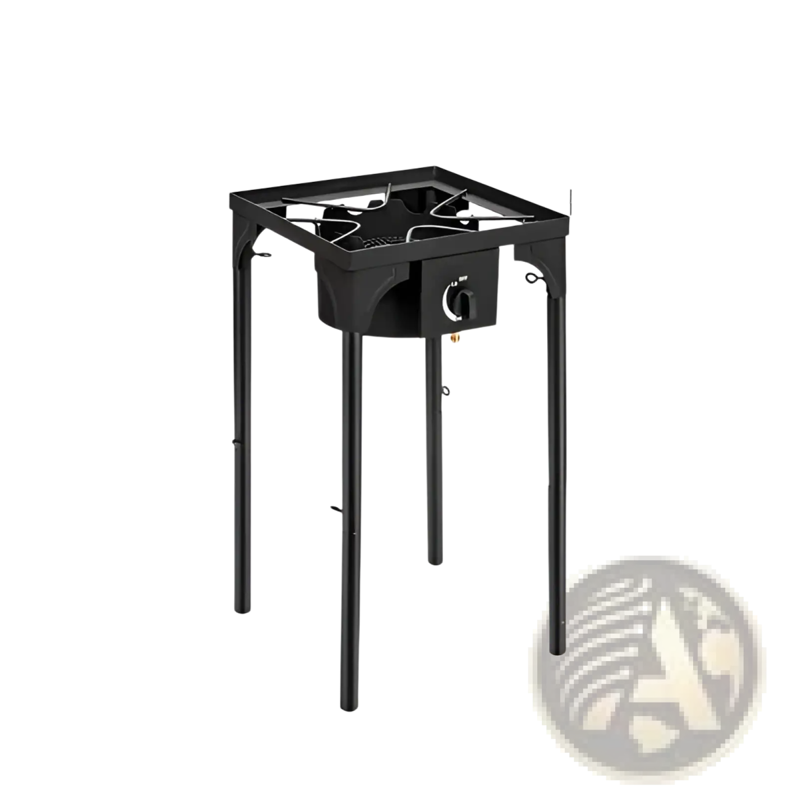 Black propane camp stove with 75000 btu cast iron burner and control knob on four legs for outdoor use