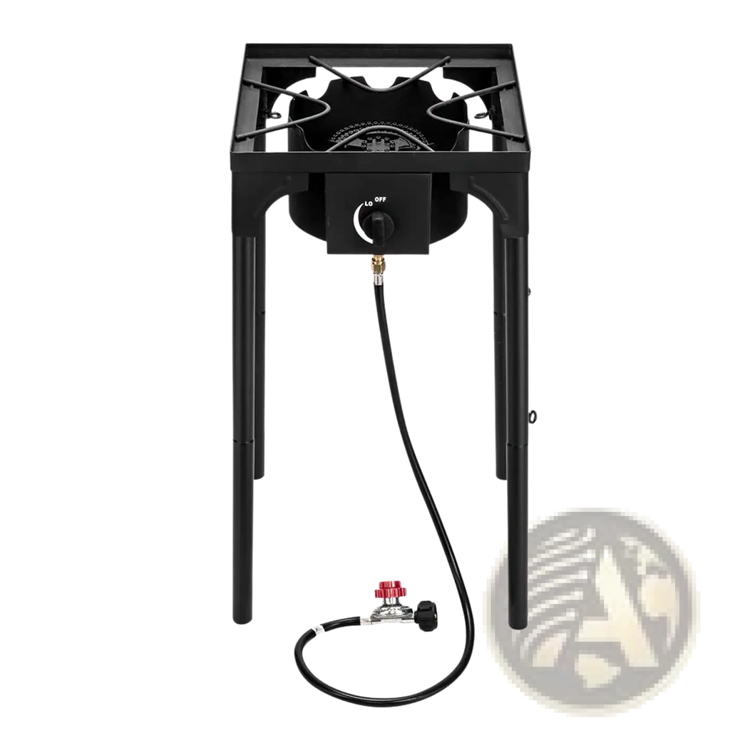 Black portable propane camp stove with single cast iron burner adjustable control knob and attached fuel line