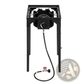 Black portable propane camp stove with single cast iron burner adjustable control knob and attached fuel line