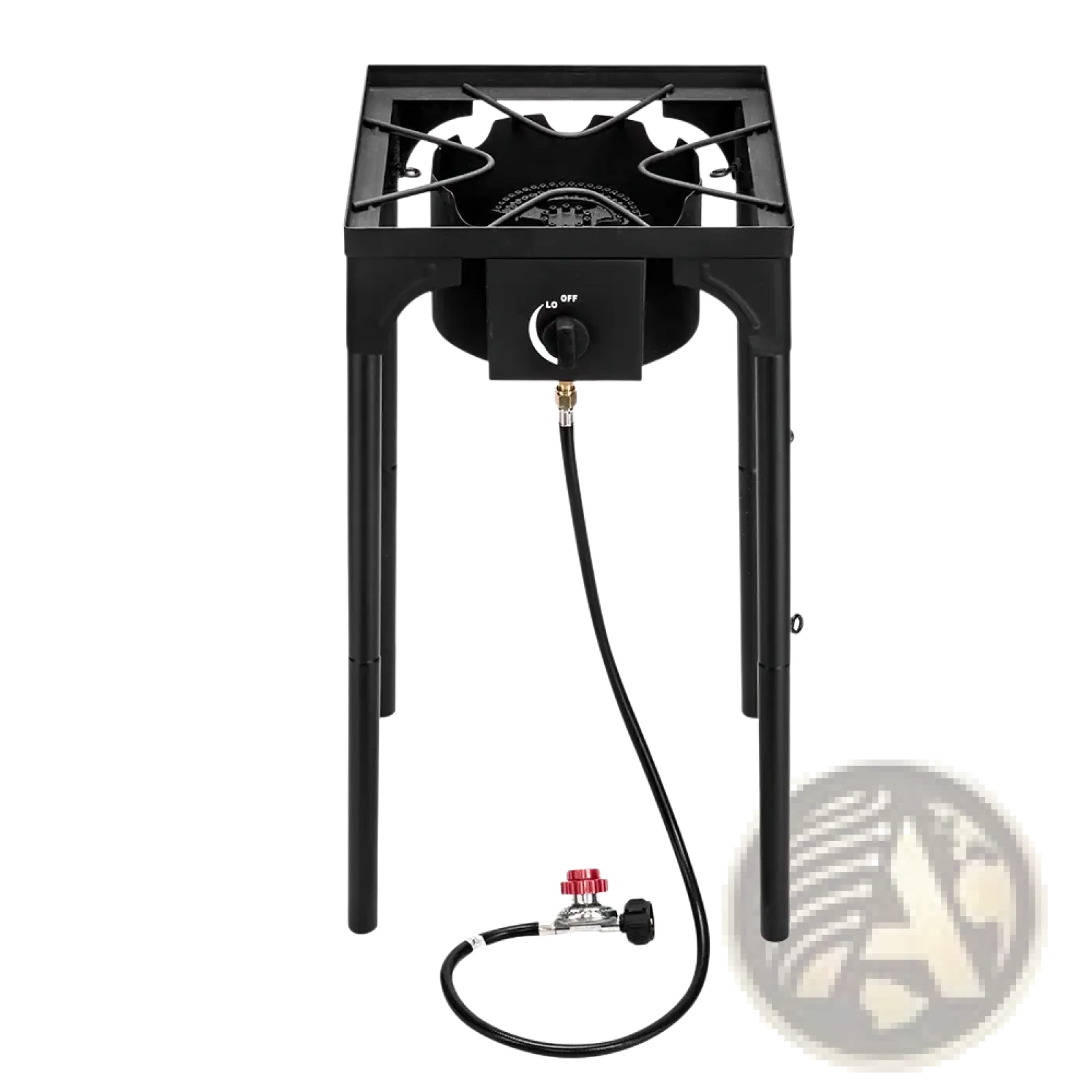 Black portable propane camp stove with single cast iron burner adjustable control knob and attached fuel line