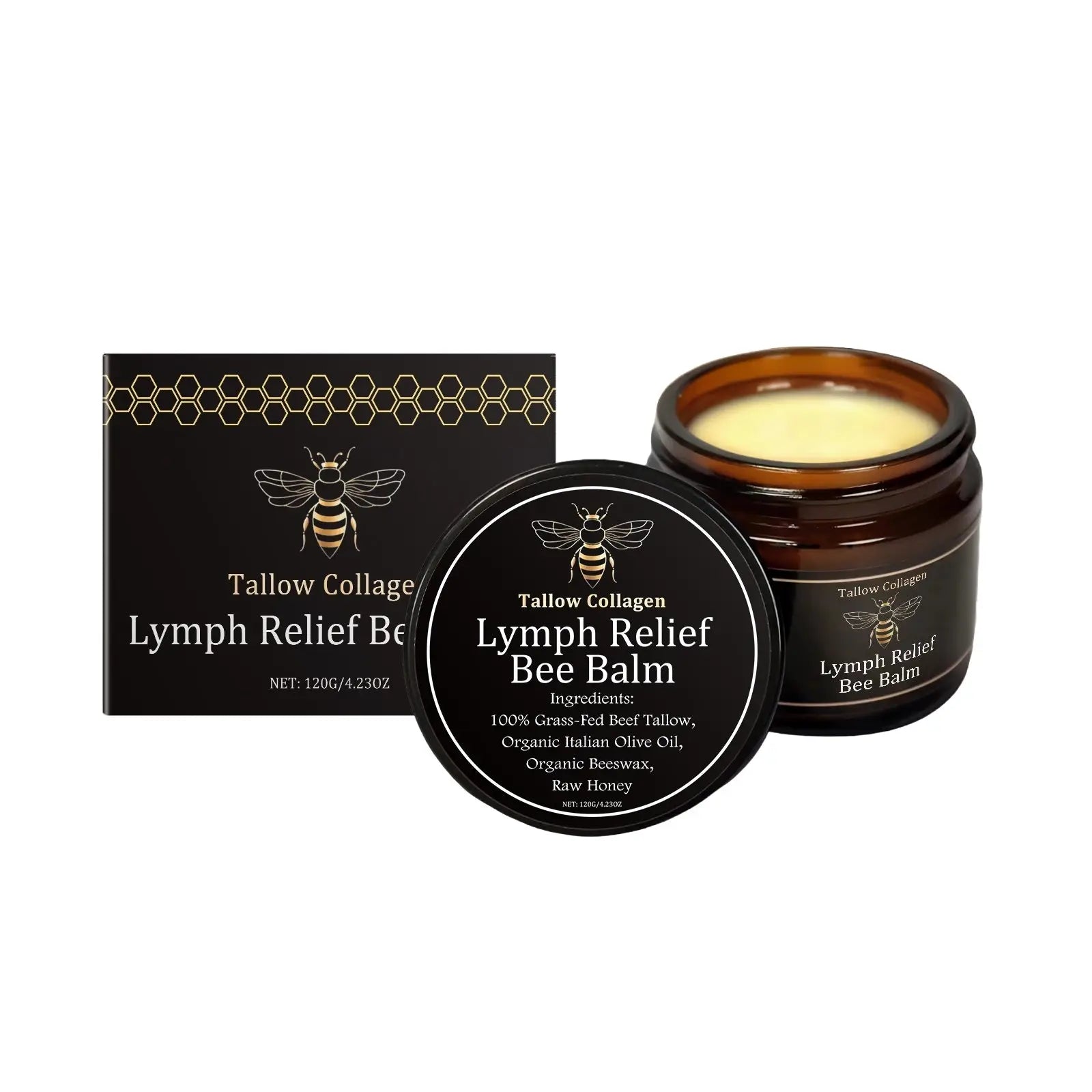 Propolis cream tallow collagen bee venom balm in dark amber glass jar with black lid and gold bee motifs on label