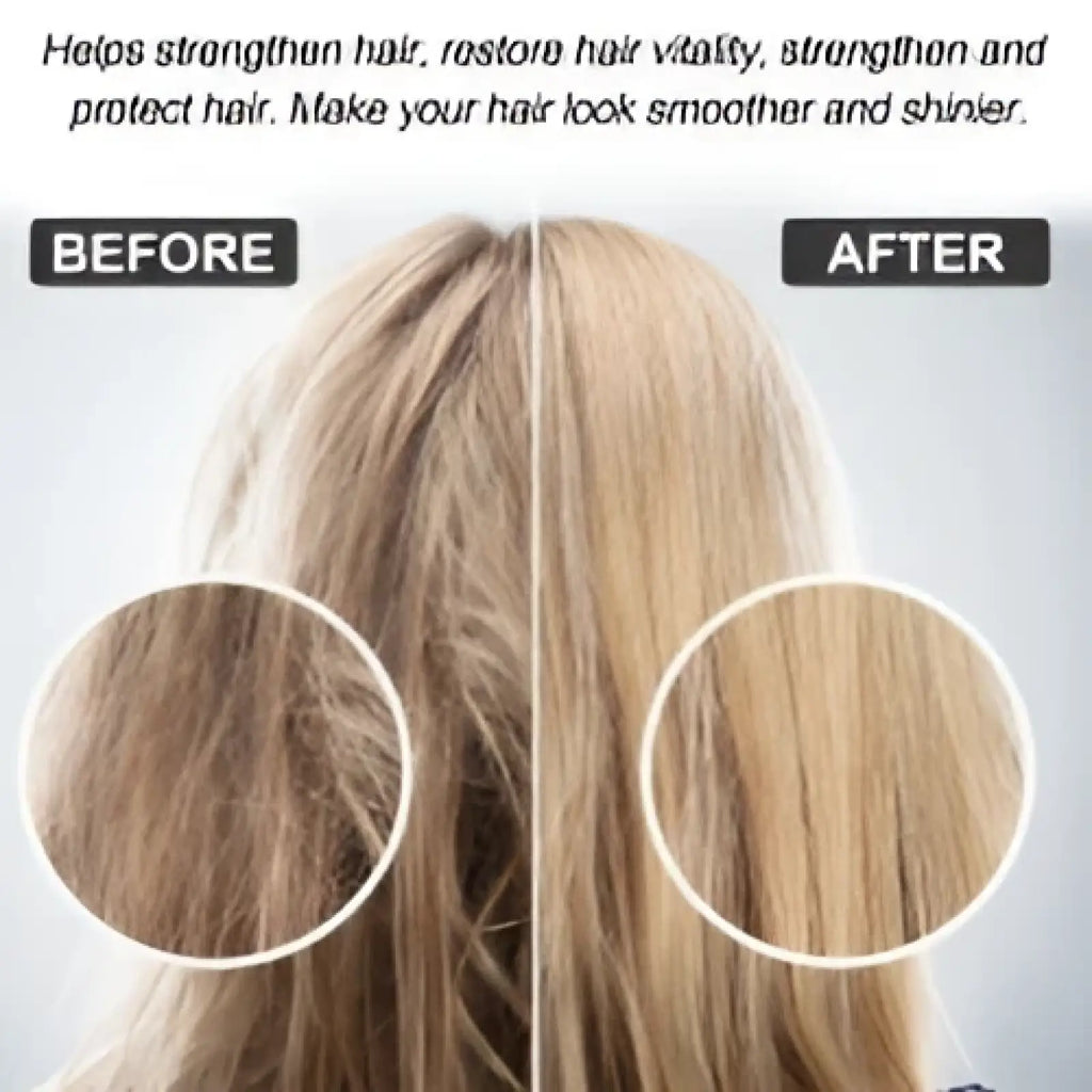 Before and after comparison showing longer shinier healthier blonde hair using protein correcting hair straightening cream 60ml