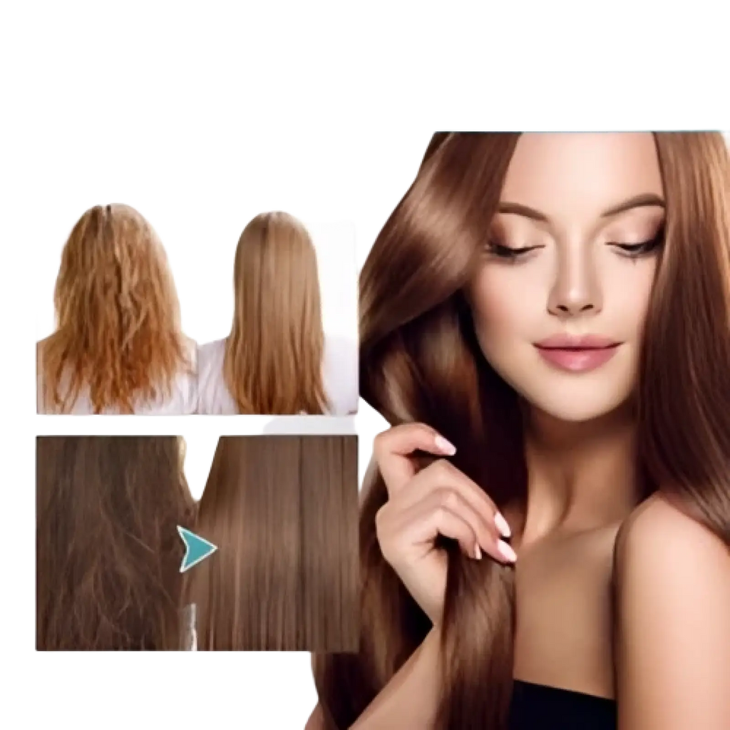A woman with long smooth rich brown hair using protein correcting hair straightening cream 60ml