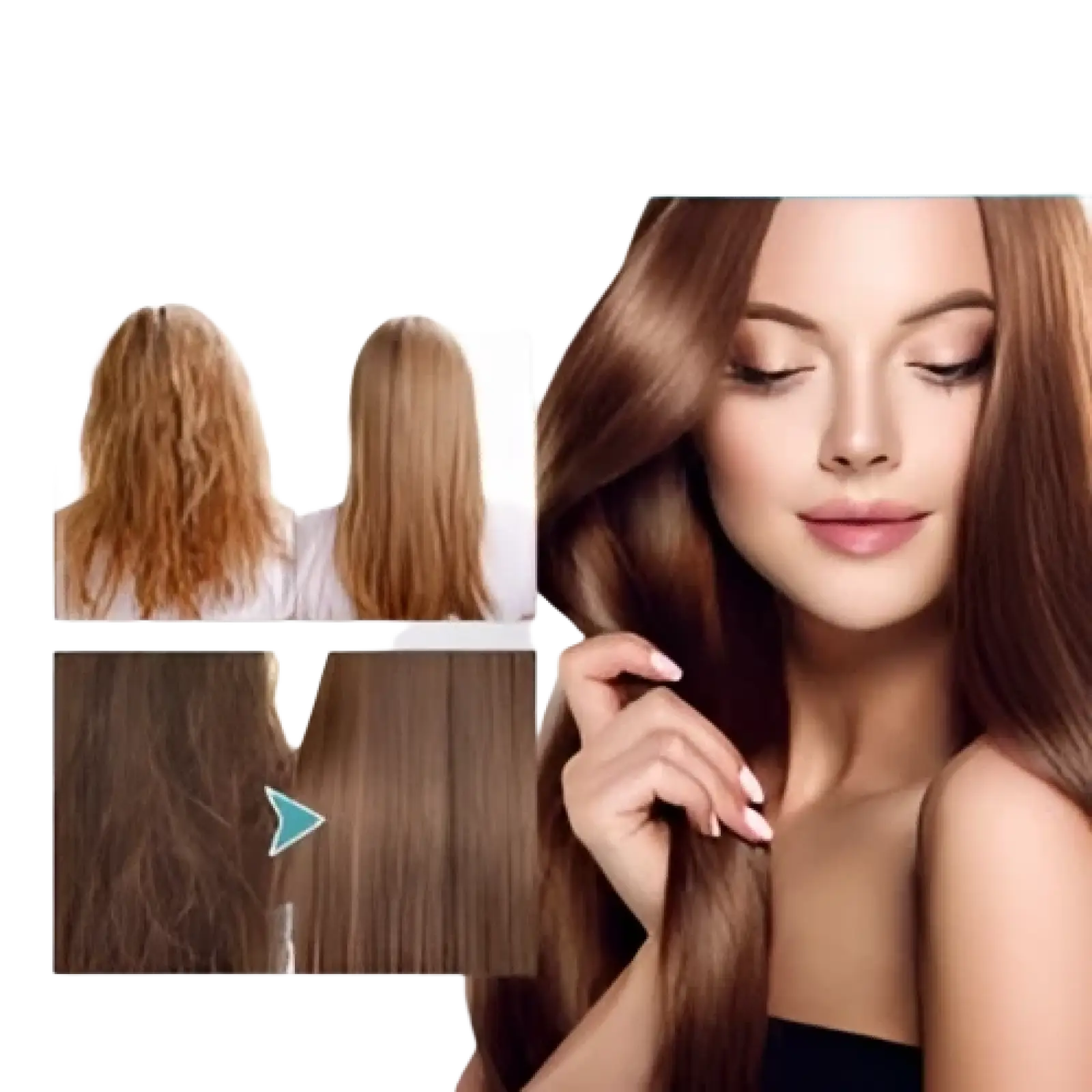 A woman with long smooth rich brown hair using protein correcting hair straightening cream 60ml
