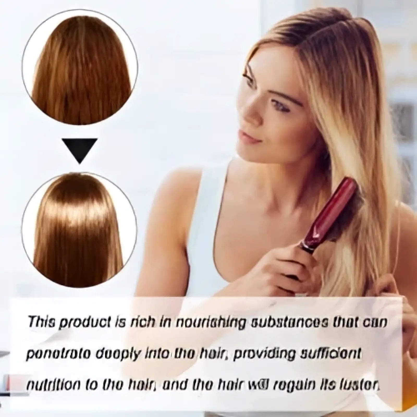 A woman with long light brown hair uses a red-handled brush to style hair with protein correcting hair straightening cream